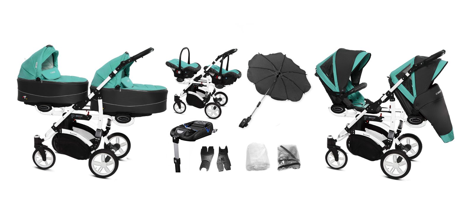 Tropic Green Twin Pram Pushchair 4 in 1 – BabyActive Twinni Travel System with Car Seat & Isofix Base - 3 kép