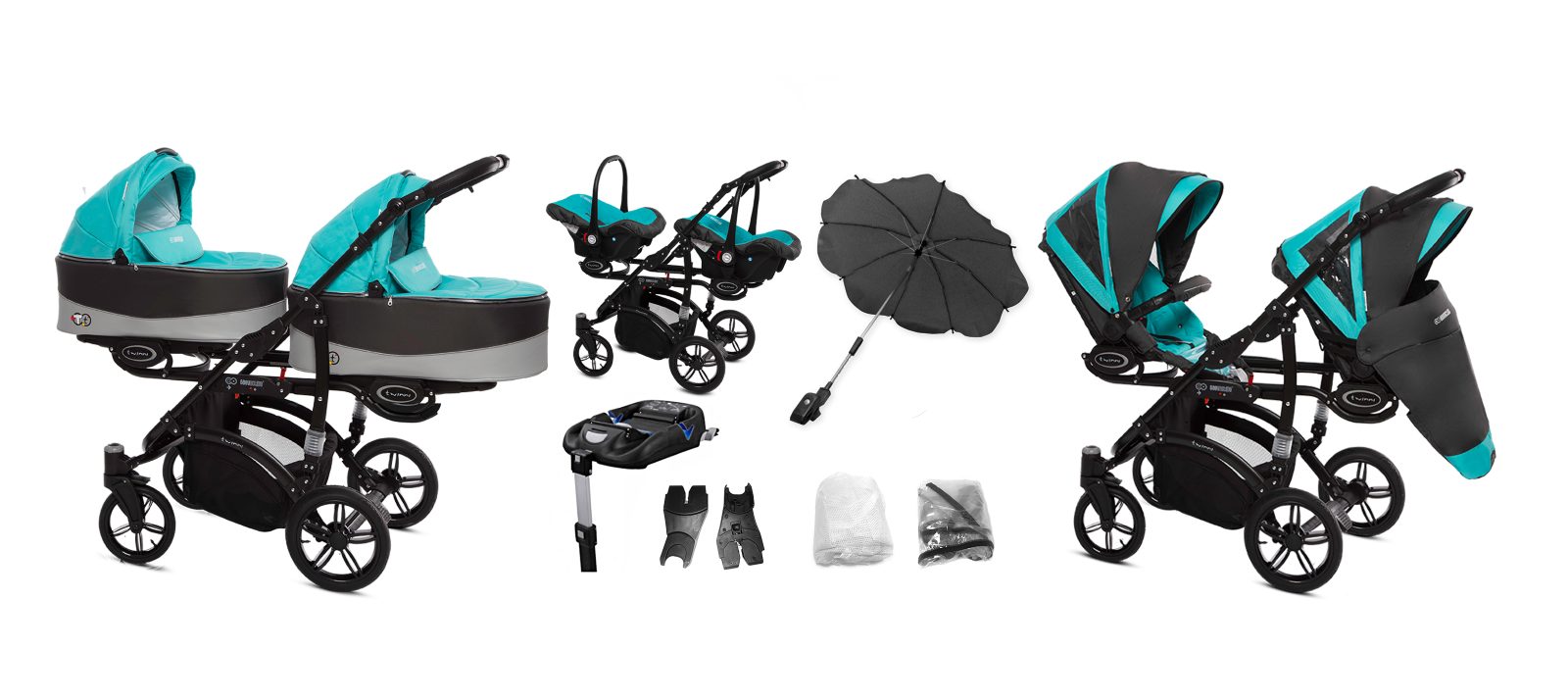 Tropic Green Twin Pram Pushchair 4 in 1 – BabyActive Twinni Travel System with Car Seat & Isofix Base - 7 kép