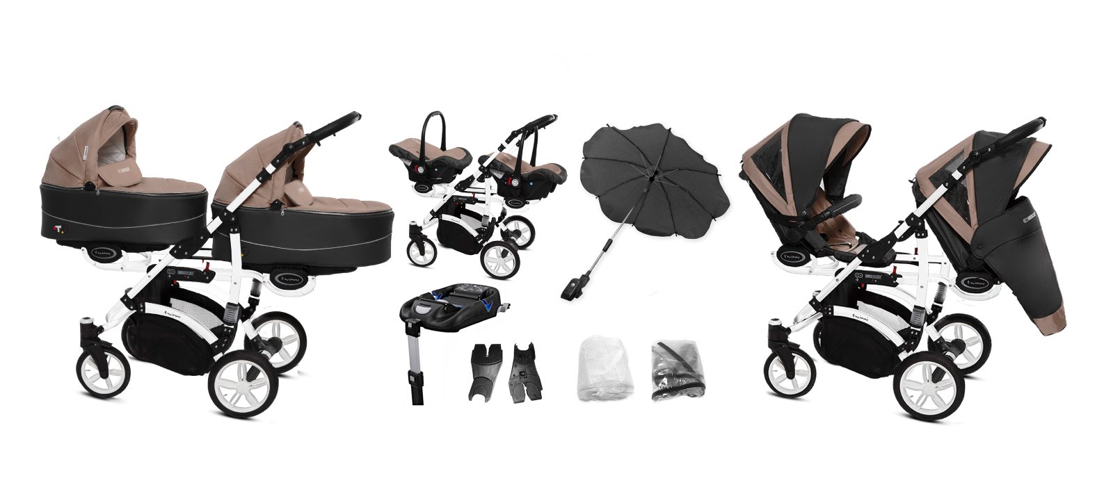 Beige Twin Pram Pushchair 4 in 1 – BabyActive Twinni Travel System with Car Seat & Isofix Base - 3 kép