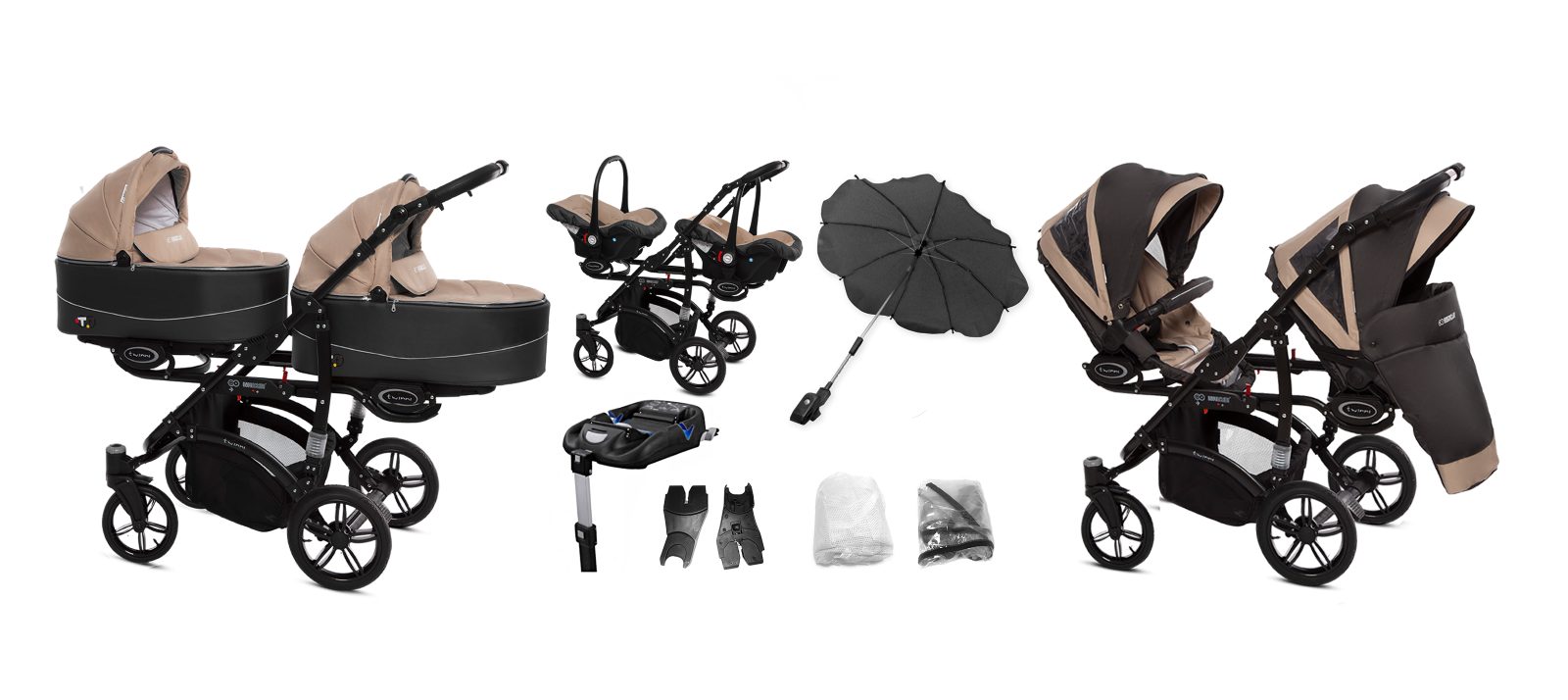 Beige Twin Pram Pushchair 4 in 1 – BabyActive Twinni Travel System with Car Seat & Isofix Base - 7 kép