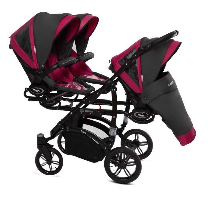 Amarant Purple Triple Pram Pushchair 3 Seater from Birth – BabyActive Trippy Triplet Travel System Full Set - Afbeelding 8