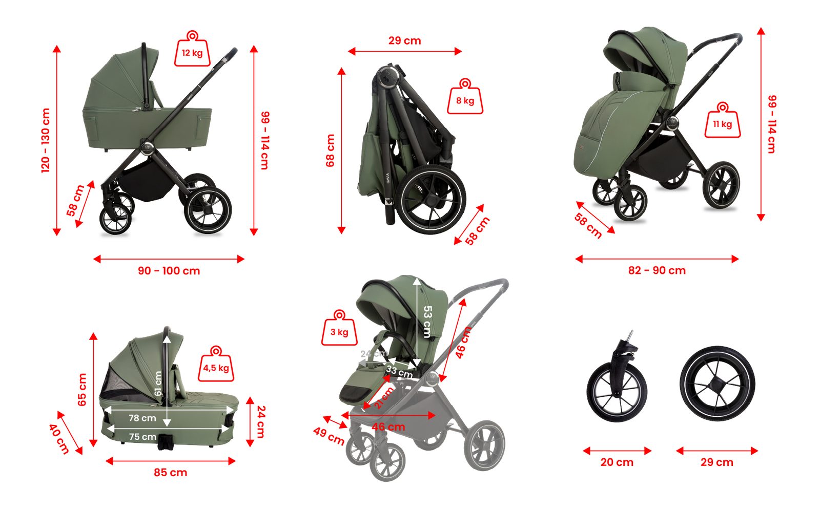 Green 3 in 1 Pushchair – BabyLux Gavia Travel System - obrazek 2