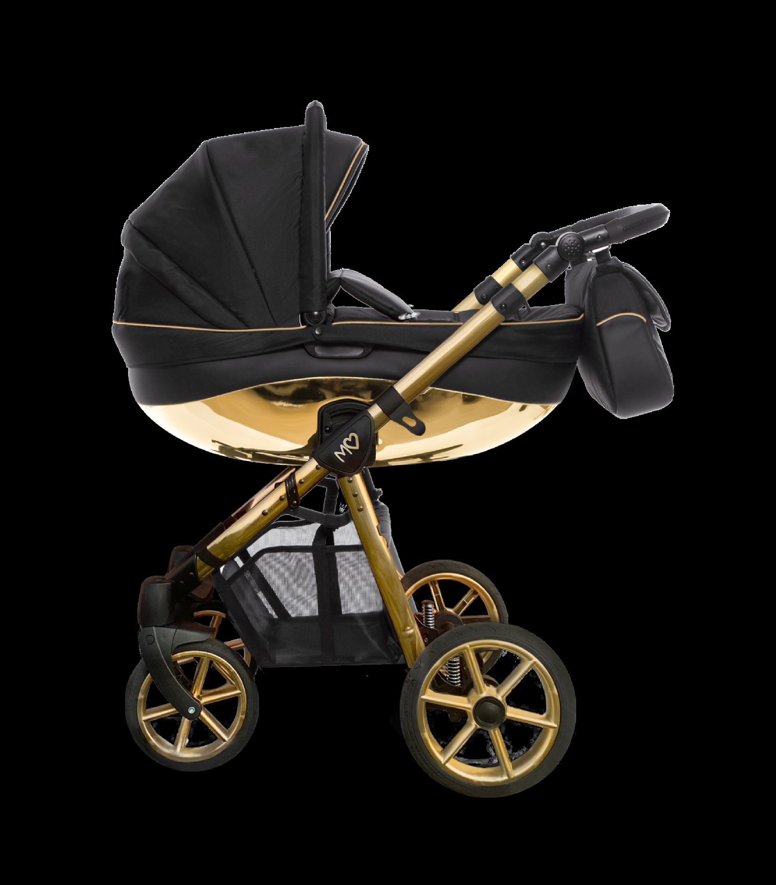 Gold Trim Pram Pushchair 3 in 1 – BabyActive Mommy Glossy Black Travel System with Car Seat - Obrázek 6
