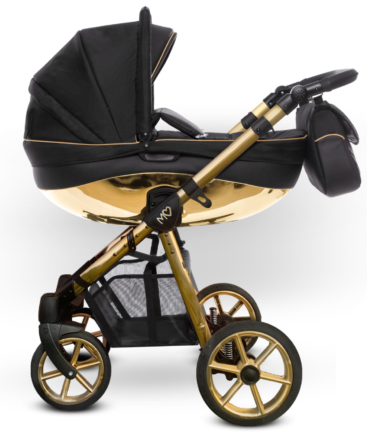 Gold Trim Pram Pushchair 3 in 1 – BabyActive Mommy Glossy Black Travel System with Car Seat - Obrázek 3