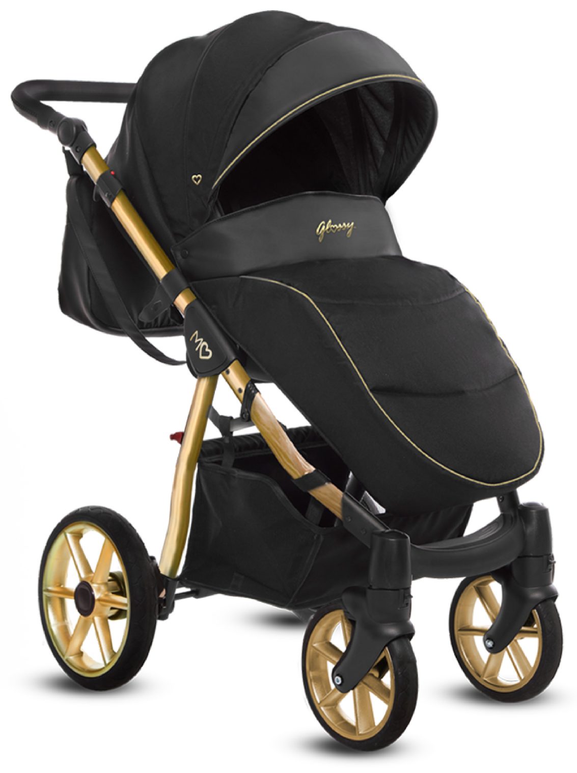 Gold Trim Pram Pushchair 3 in 1 – BabyActive Mommy Glossy Black Travel System with Car Seat - Obrázek 4
