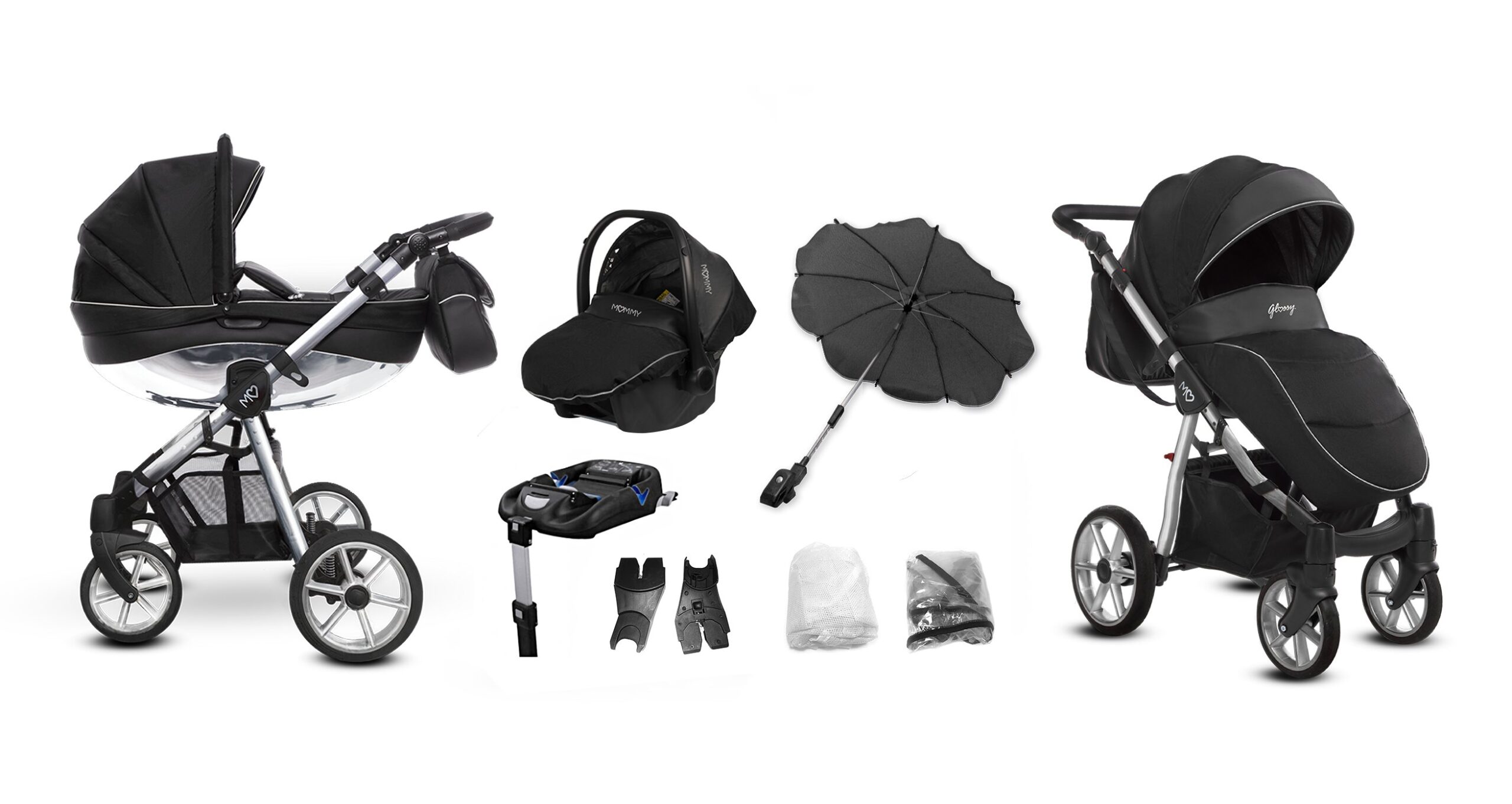 Silver Trim Pram Pushchair 3 in 1 – BabyActive Mommy Glossy Black Travel System with Car Seat - Imagen 5