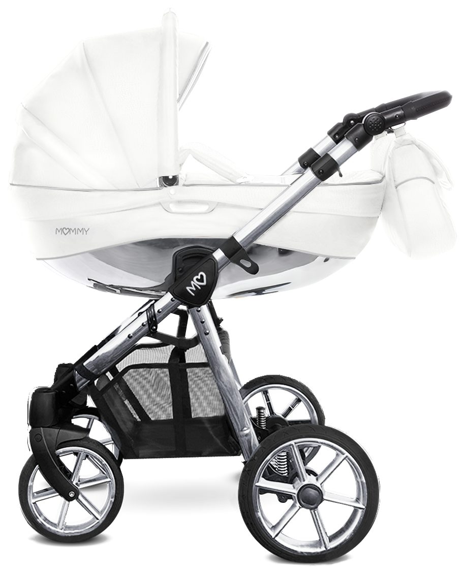 Silver Trim Pram Pushchair 3 in 1 – BabyActive Mommy Glossy White Travel System with Car Seat - obrazek 3