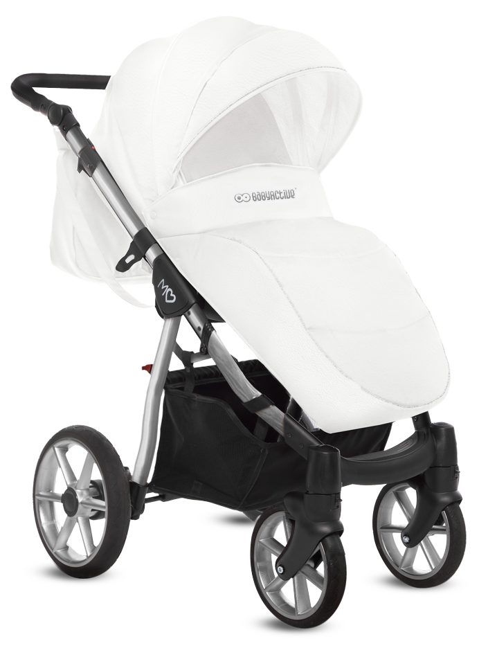 Silver Trim Pram Pushchair 3 in 1 – BabyActive Mommy Glossy White Travel System with Car Seat - obrazek 4