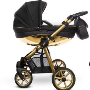 Gold Trim Pram Pushchair 3 in 1 – BabyActive Mommy Glossy Black Travel System with Car Seat
