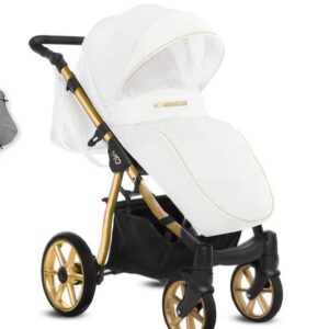 Visione alternativa di Gold Trim Pram Pushchair 3 in 1 – BabyActive Mommy Glossy White Travel System with Car Seat