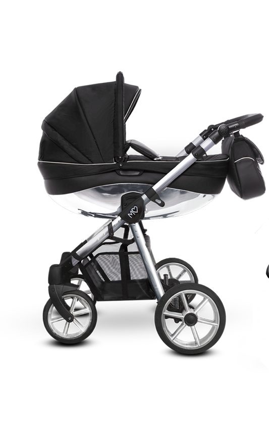 Cochecito de bebé 3 en 1 con detalles plateados – Sistema de viaje BabyActive Mommy negro brillante con asiento para coche