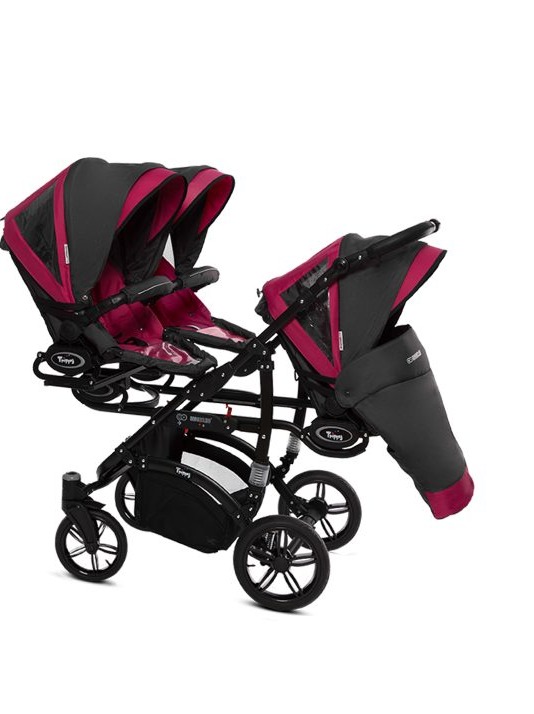 Amarant Purple Triple Pram Pushchair 4 in 1 from Birth with Car Seat & Isofix Base – BabyActive Trippy Triplet Travel System - Afbeelding 2