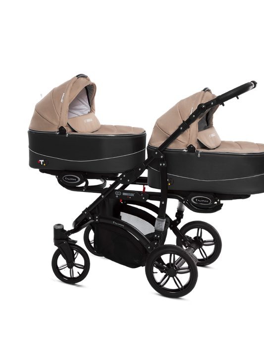 Bézs színű iker babakocsi 3 az 1-ben – BabyActive Twinni utazórendszer autósüléssel