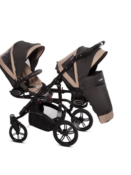 Beige Twin Pram Pushchair 4 in 1 – BabyActive Twinni Travel System with Car Seat & Isofix Base - 2 kép